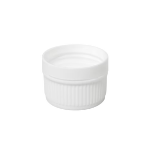 White 28mm tamper-evident wadded cap with security break-away ring and internal seal for bulk bottle packaging.