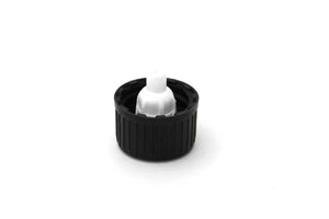 Black 18mm dripolator lid with tamper-evident ring and integrated orifice reducer for essential oil bottles.