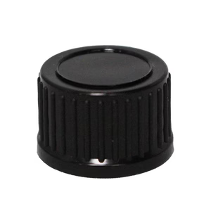 Black 18mm ribbed screw cap for essential oil bottles and small apothecary glass vials.