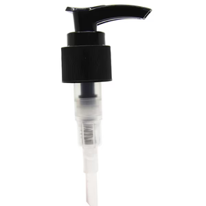 Black 24mm lotion pump with lock-down feature and long dip tube for cosmetic bottles and liquid soap dispensers.