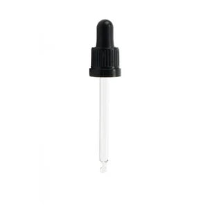 25ml glass pipette dropper assembly with black 18mm ribbed cap and rubber bulb for beard oils and skincare serums.