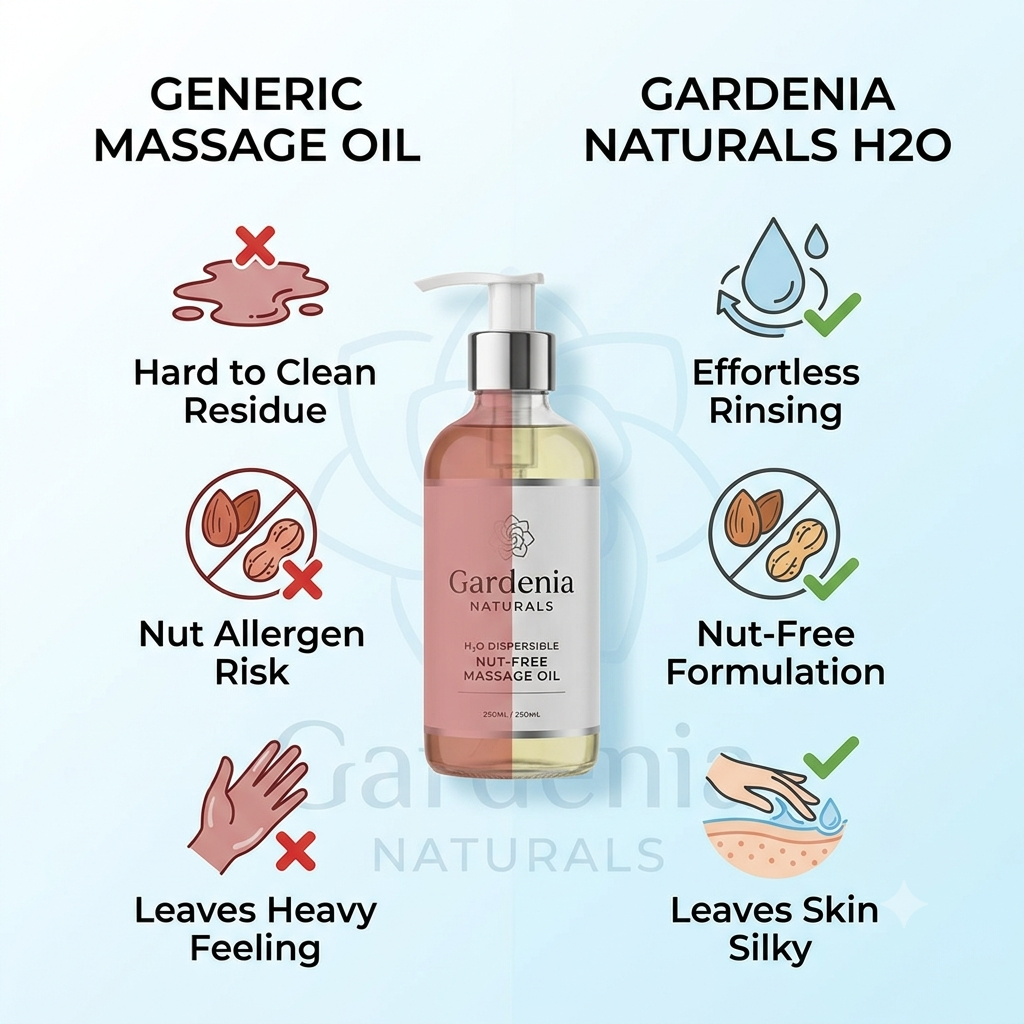 H2O Dispersible Nut Free Massage Oil – Nut-Free Water Dispersible Oil for Easy Laundry Cleanup
