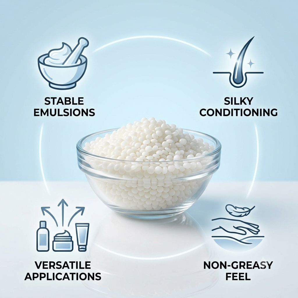 BTMS 25 Conditioning Emulsifying Wax Cationic Hair Conditioner Skin Lotion Emulsifier - SLS and Paraben free hair care base for sensitive scalp