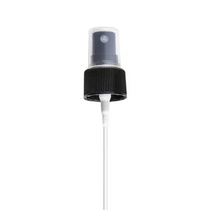Black 24mm fine mist atomiser spray lid with clear dust cap and long trimmable dip tube for cosmetic bottles.